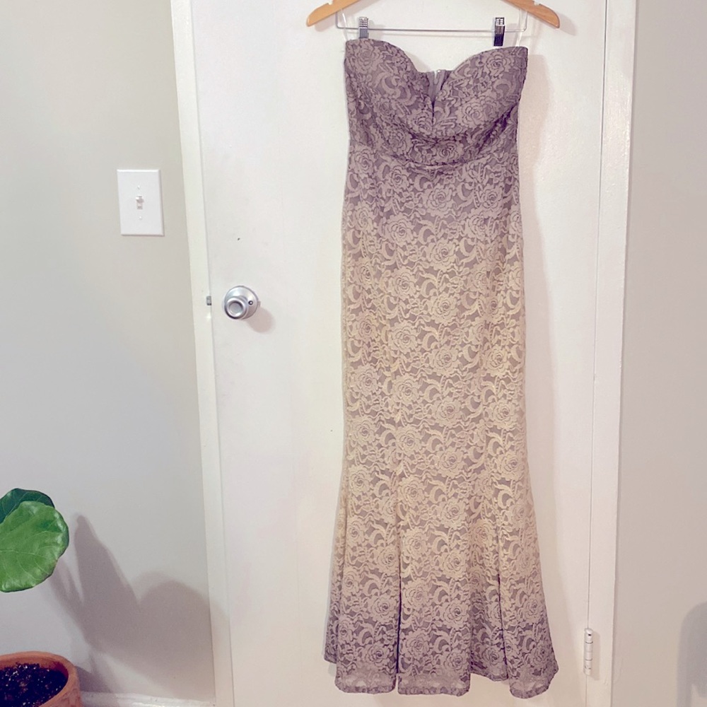 Ombré lavender and white mermaid lace strapless formal dress